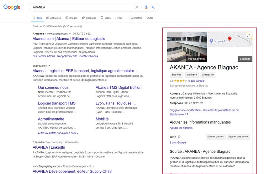 Page Google My Business d’AKANEA