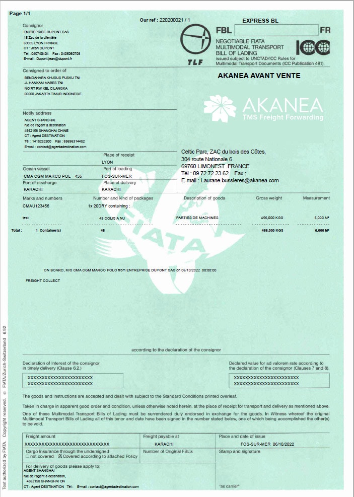 Bill of lading – Akanea TMS Freight Forwarding Exemple de Bill Of Lading réalisé avec le logiciel Akanea TMS Freight Forwarding
