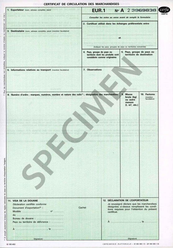Exemple de certificat EUR1