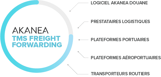 tmsff-schema-ecosysteme schéma des connexions entre le logiciel de gestion du fret AKANEA et l’écosystème du transport international.