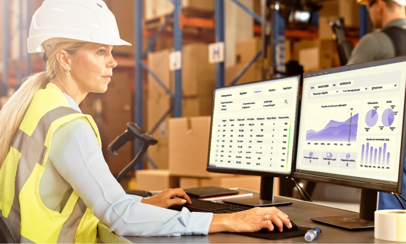 Akanea WMS Xtent – Logiciel expert pour le pilotage de vos flux logistiques Opératrice logistique consultant les indicateurs de performance de son activité sur le logiciel WMS AKANEA